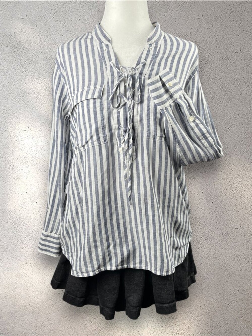 Madewell Lace Up Terrace Blouse Women's XS Blue White Striped Boho Cottagecore